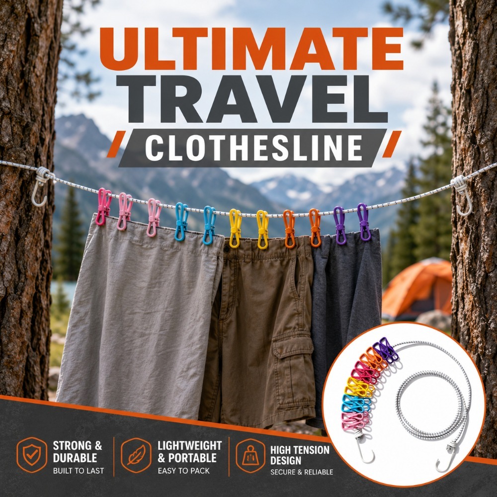 Camping Outdoor Clothing - Varal Retrátil Portátil com 12 Clipes